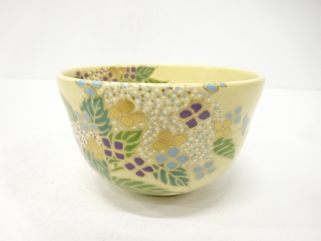 京焼　宮地英香造　金彩色絵　紫陽花　茶碗